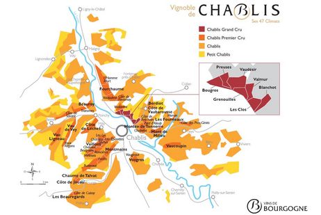 シャブリ/Chablisのアペラシオン/Appellationsとクリマ/Climatsの地図